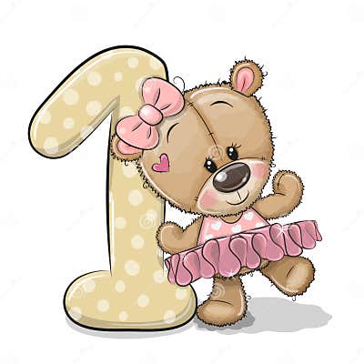 Cartoon Teddy Bear Girl and Number One Isolated on a White Background ...