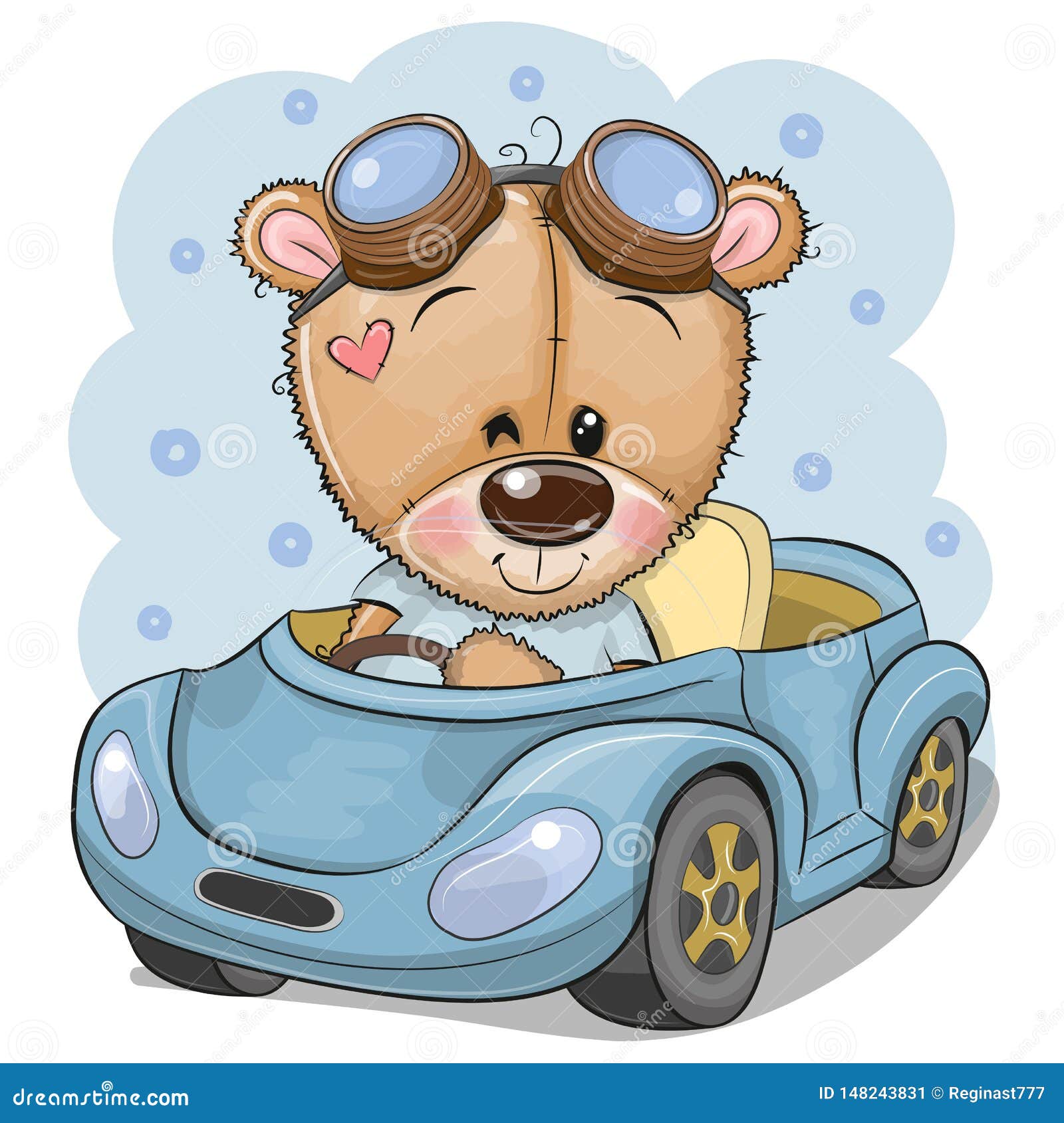 cartoon teddy bear in glasses goes on a blue car