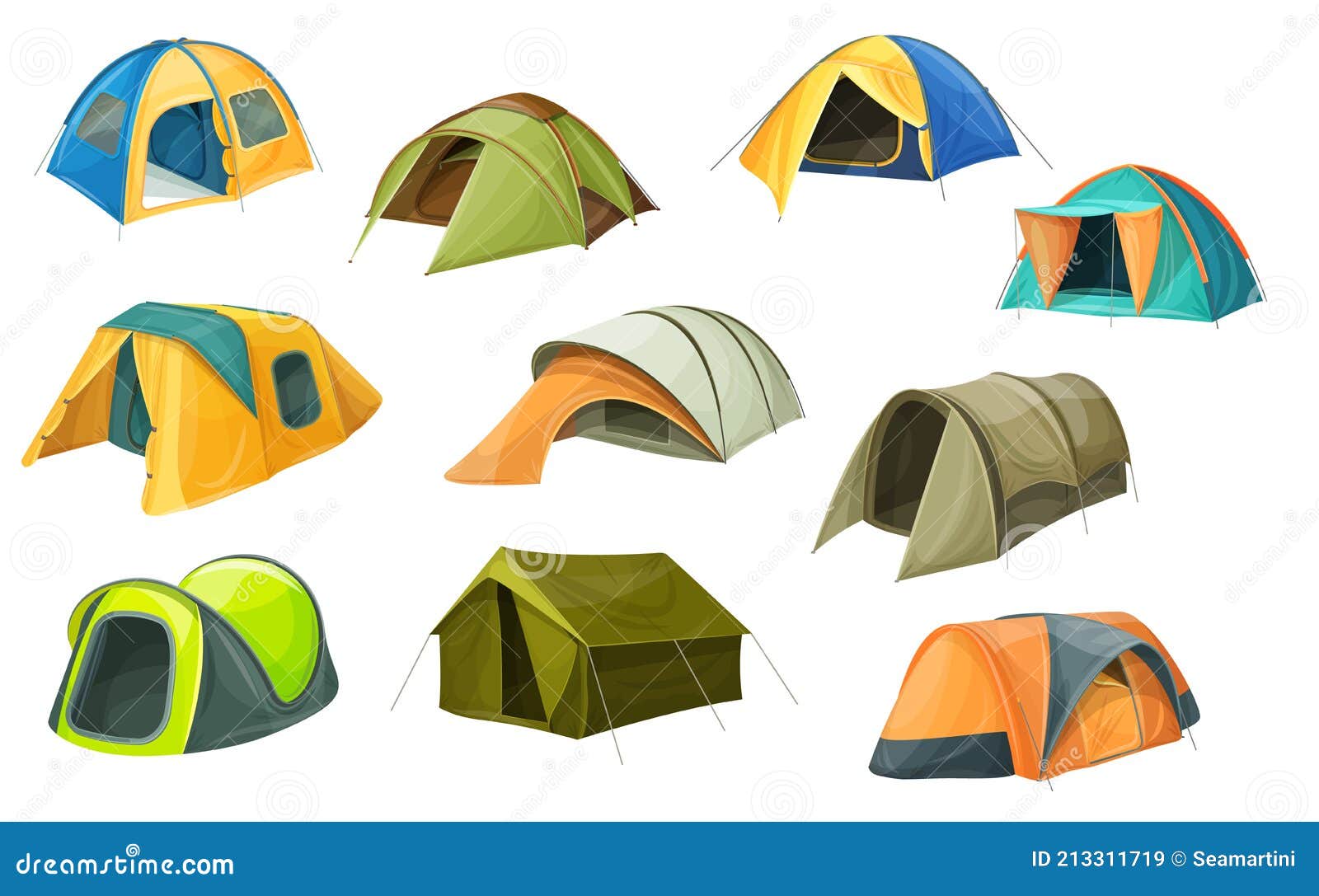 Gelijkwaardig regelmatig Soeverein Cartoon Tenten Vectoriconen Camping Equipment Set Vector Illustratie -  Illustration of vrijetijdsbesteding, woon: 213311719