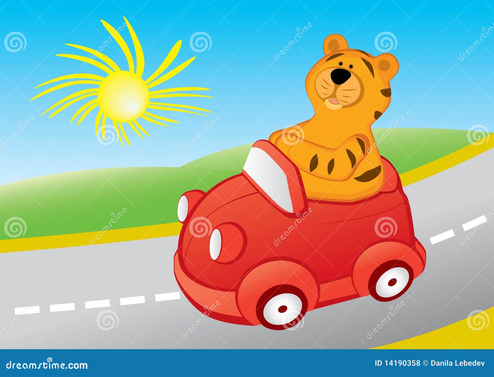 Cartoon tiger drives a car stock vector. Illustration of vacation 14190358