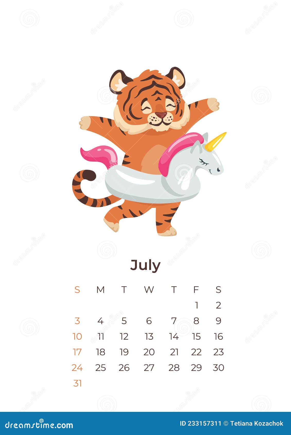 Cartoon Tiger July 2022 Calendar A4 Format Template. Stock Vector -  Illustration of animal, kids: 233157311