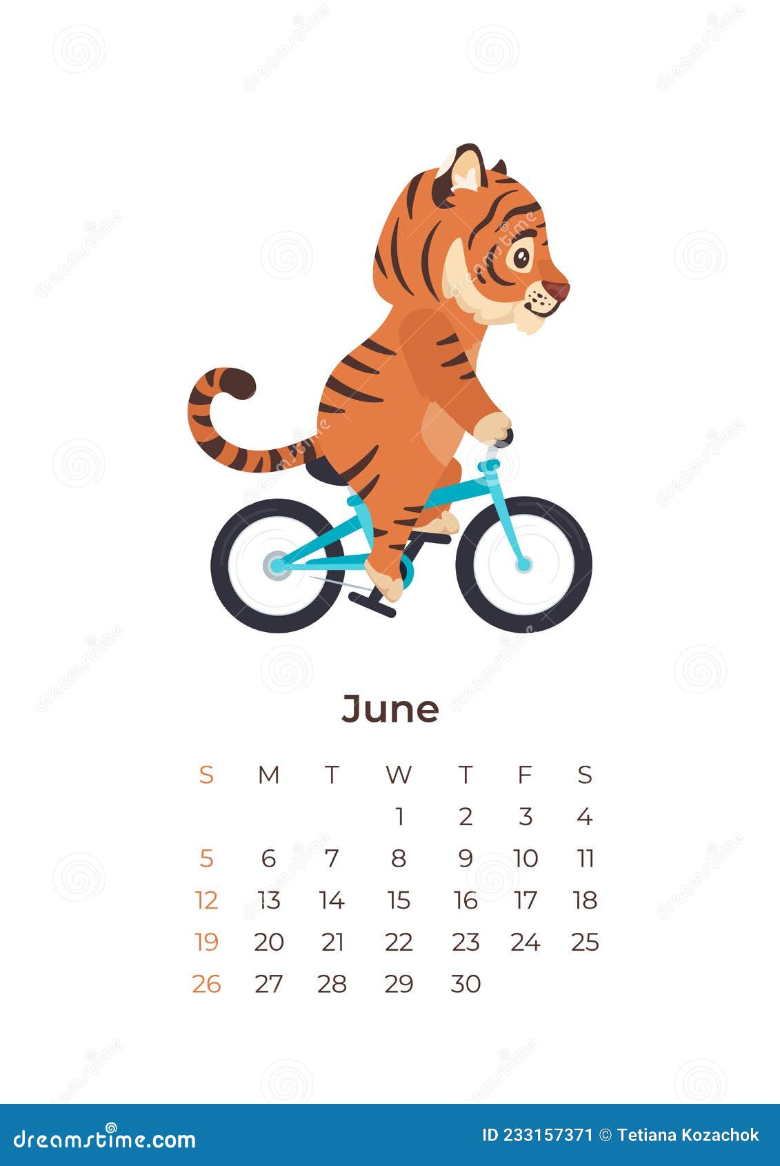 Cartoon Tiger June 2022 A4 Format Calendar Template. Stock Vector -  Illustration of face, isolated: 233157371