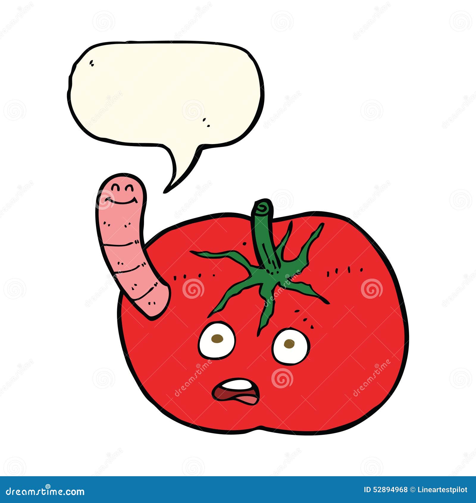 Cartoon Tomato with Worm with Speech Bubble Stock Illustration
