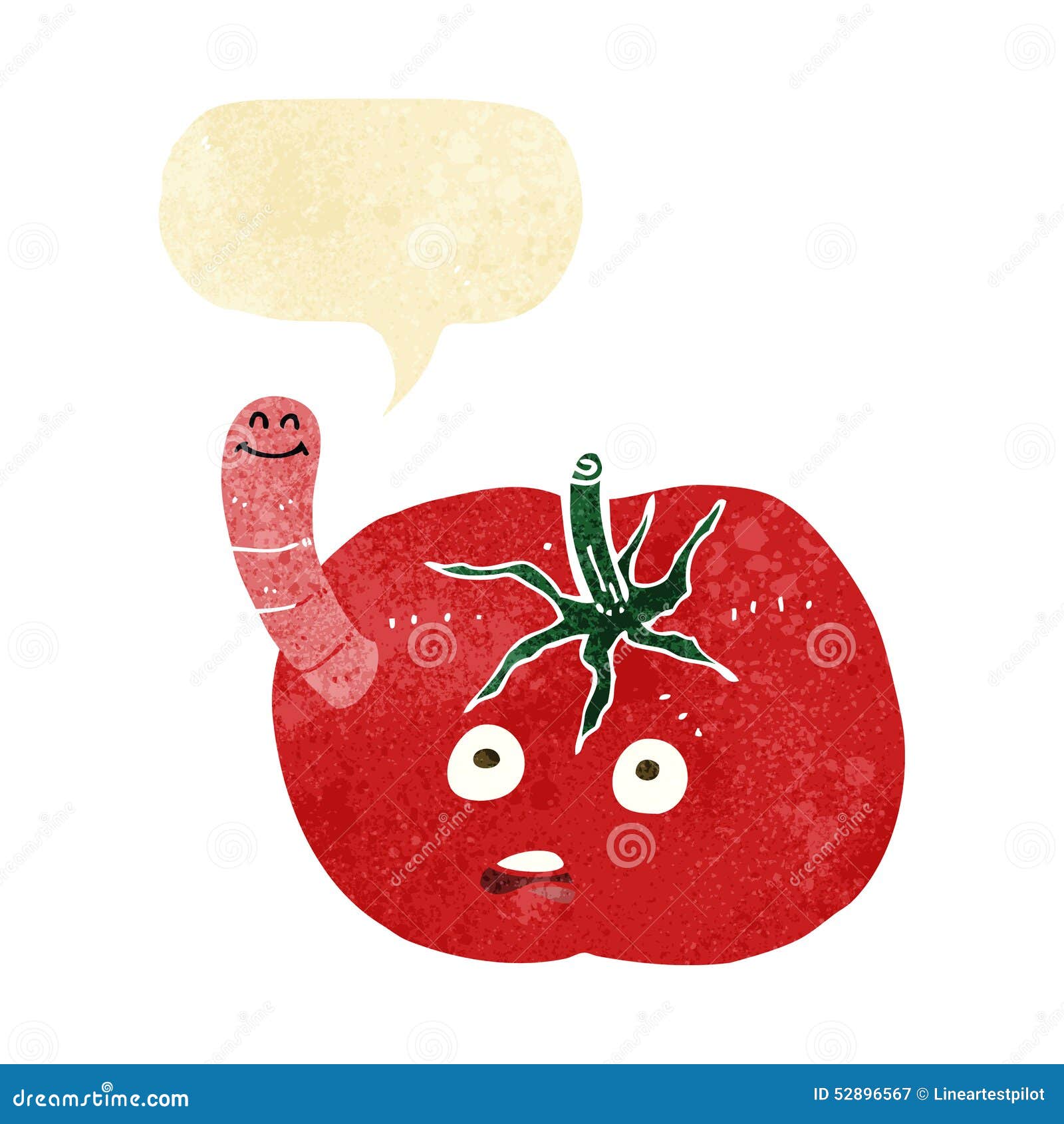 Cartoon Tomato with Worm with Speech Bubble Stock Illustration