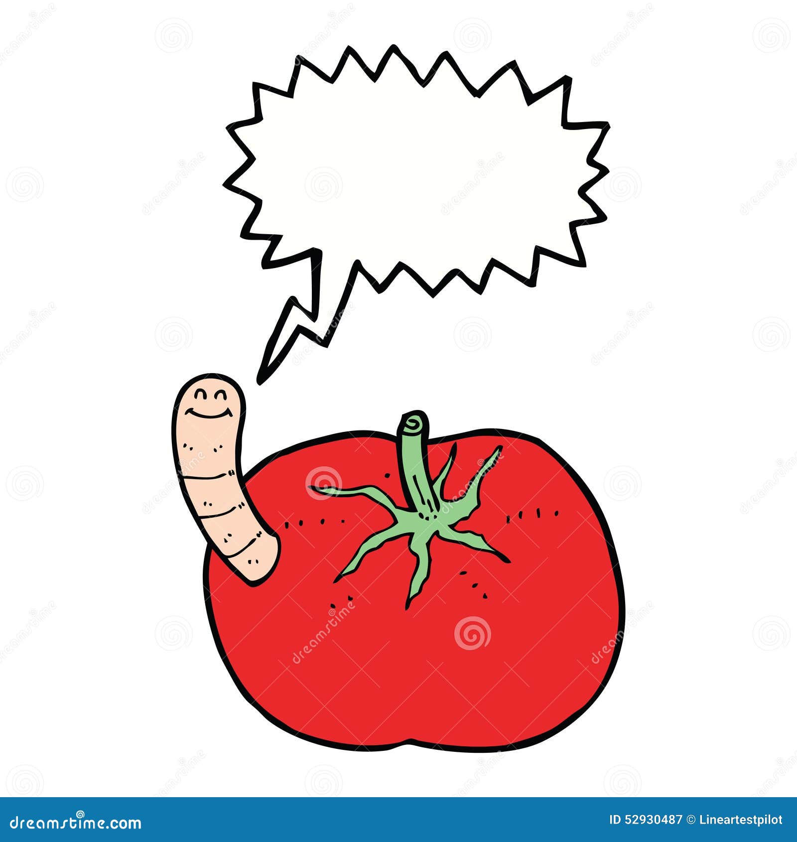 Cartoon Tomato with Worm with Speech Bubble Stock Illustration