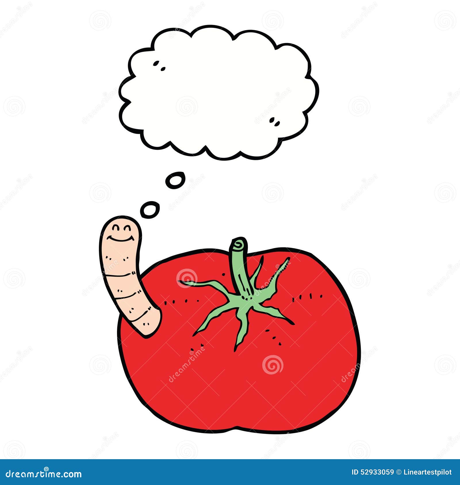 Cartoon Tomato with Worm with Thought Bubble Stock Illustration