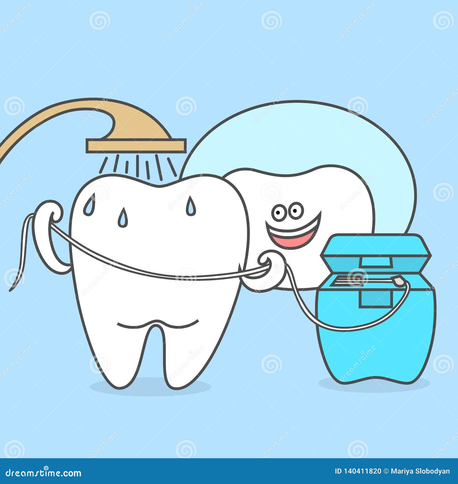 Cartoon Tooth is Taking a Shower with Dental Floss, Looking in the Mirror.  Stock Illustration - Illustration of dentistry, oral: 140411820