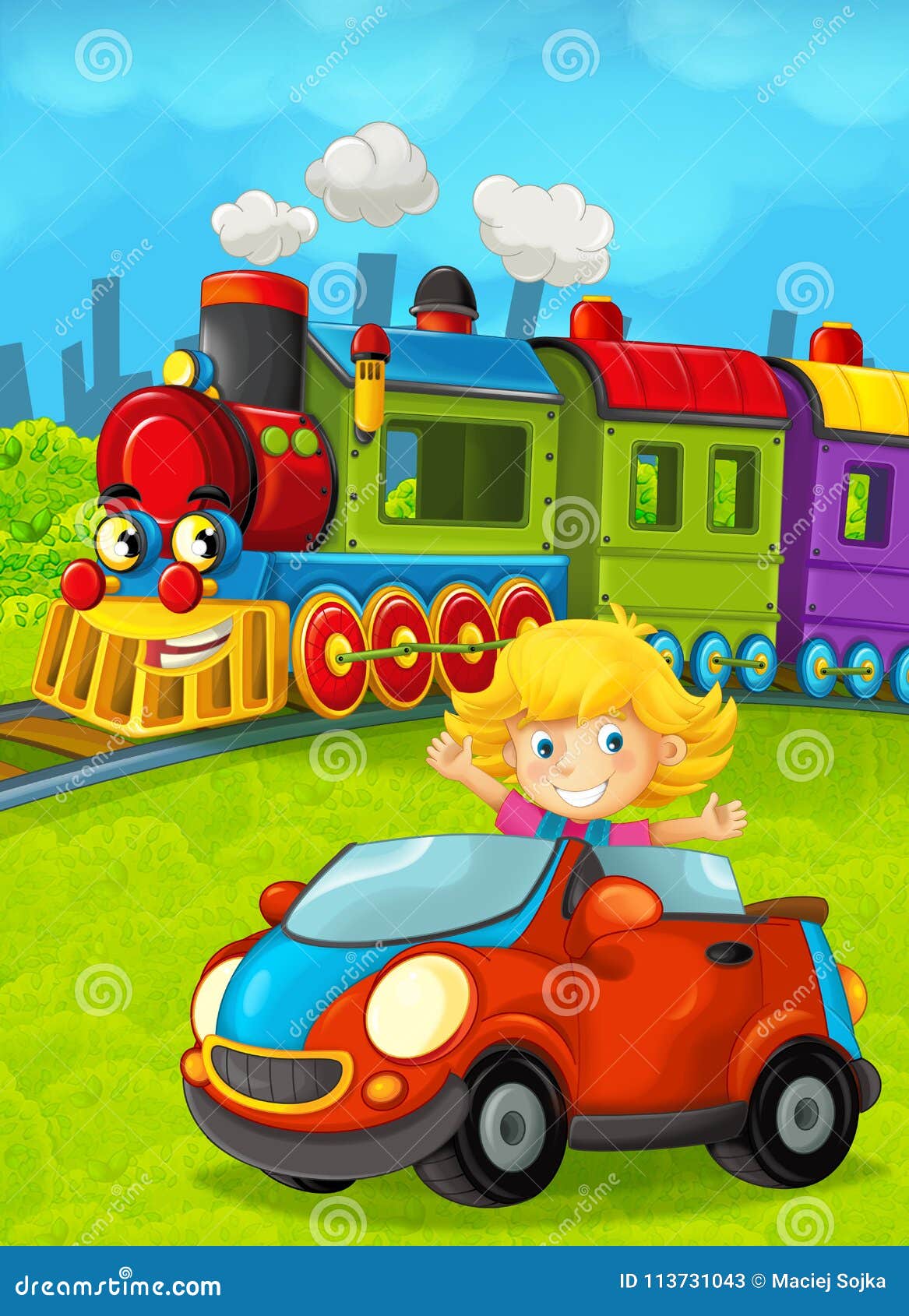 Cartoon Train Scene with Happy Kid Girl in Car Stock Illustration -  Illustration of drawing, child: 113731043