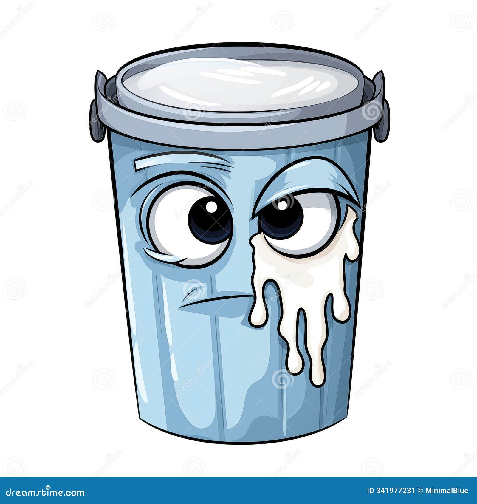 a cartoon trash can with expressive eyes and a melting ice cream cone dribbling down its side