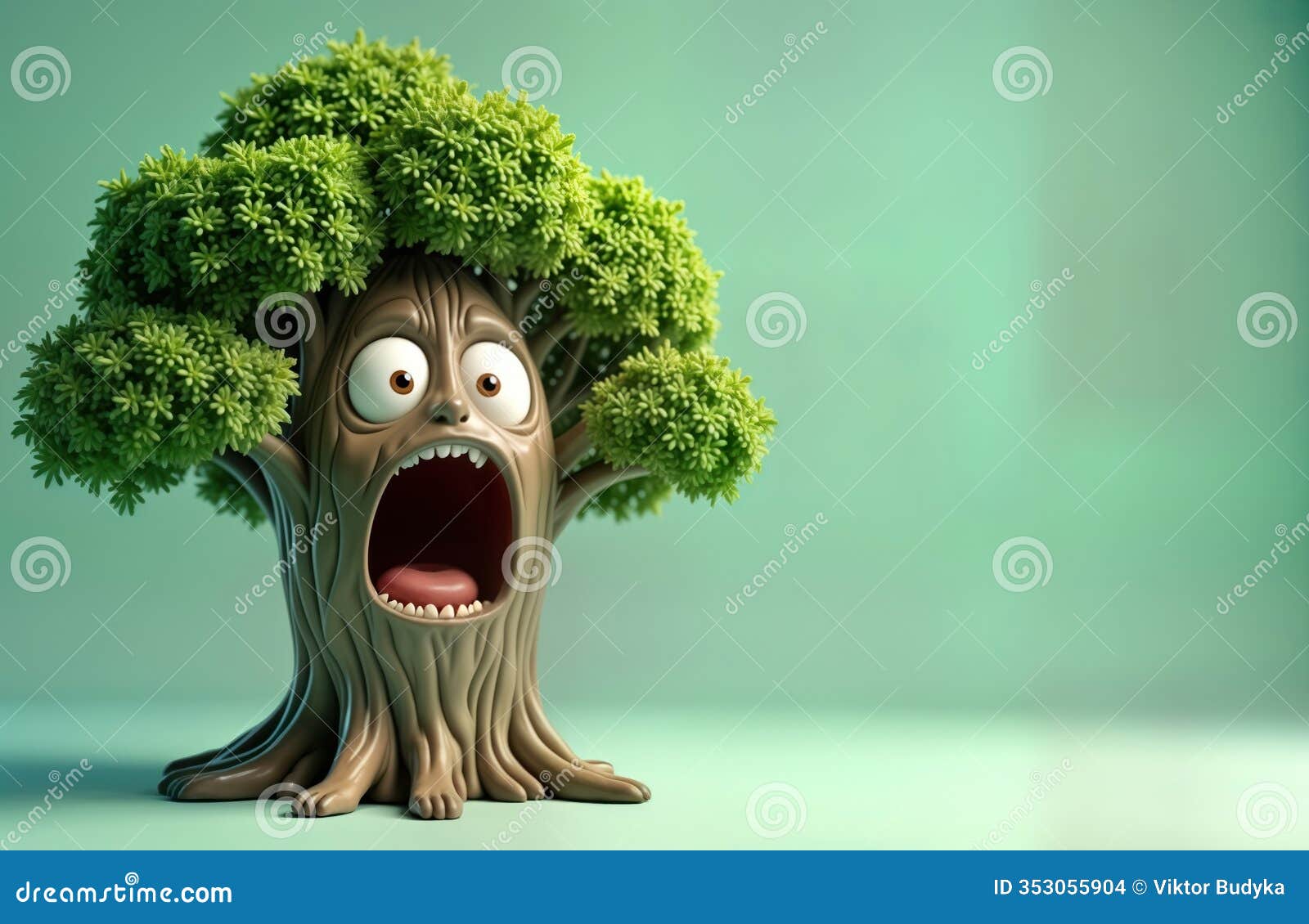 cartoon tree character expresses shock. wide eyes and open mouth. 3d rendered on pale background with soft shadows. funny plant