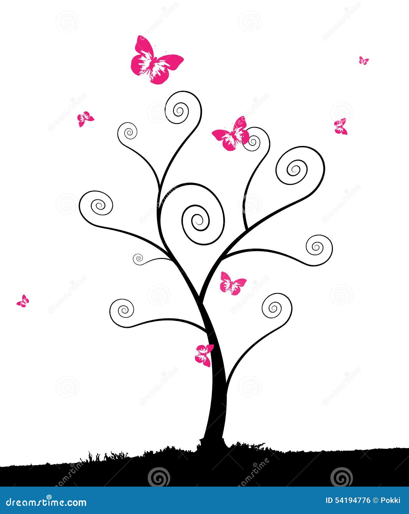 cartoon tree with group of pink butterflies.