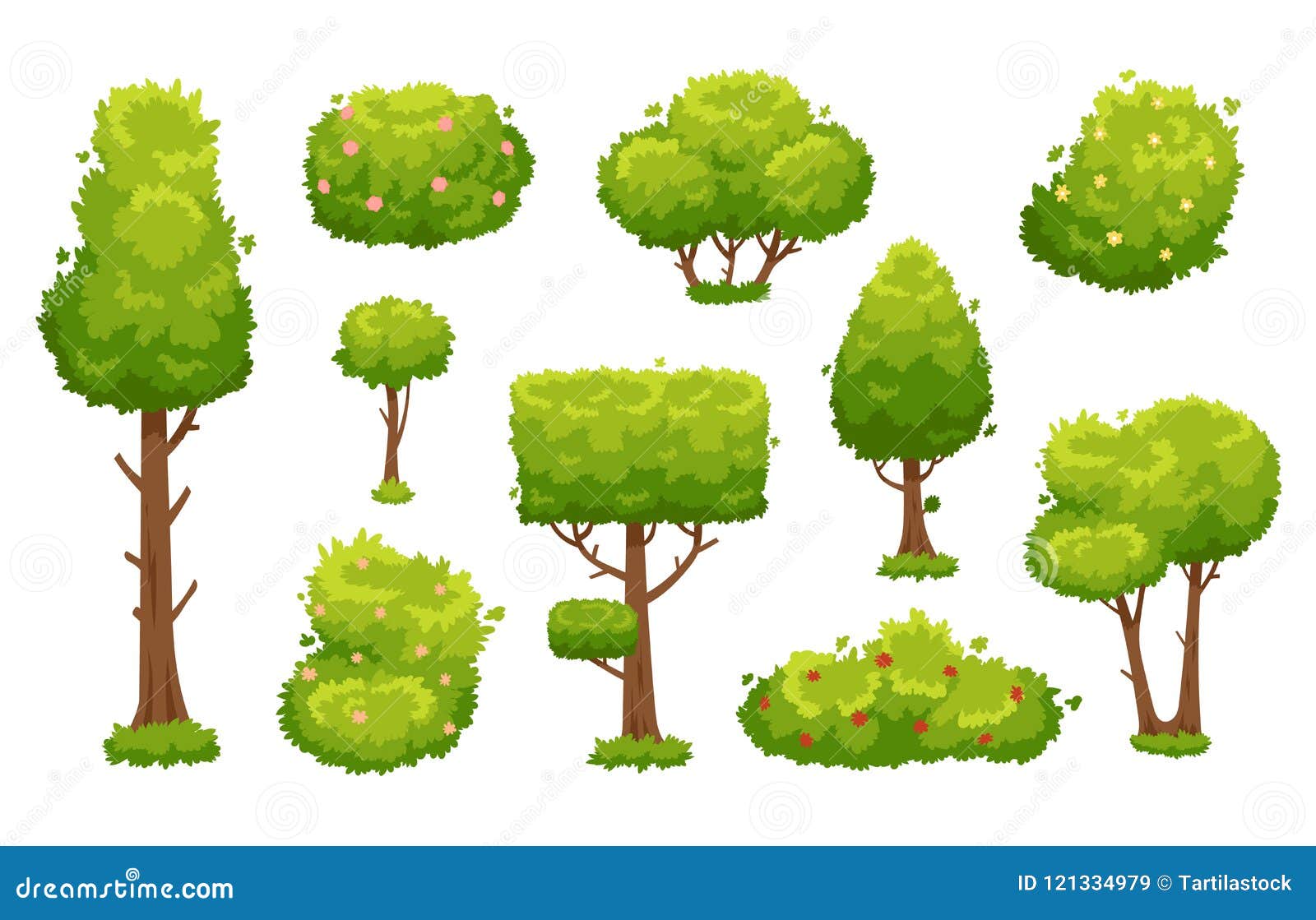 Cartoon Trees and Bushes. Green Plants with Flowers for Vegetation