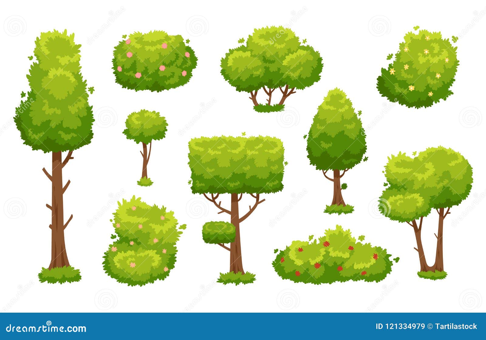 cartoon trees and bushes. green plants with flowers for vegetation landscape. nature forest tree and hedge bush 