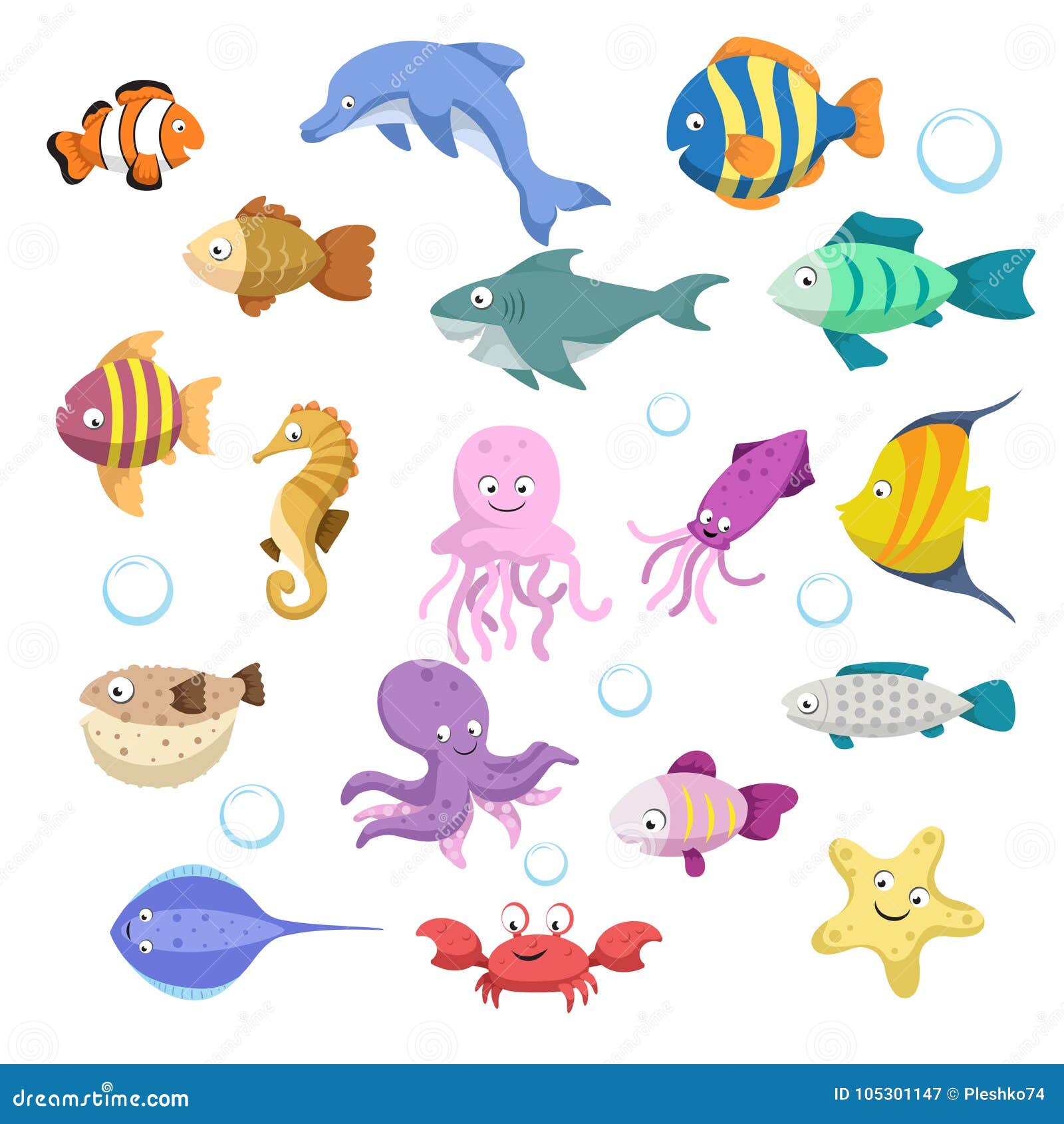 cartoon trendy colorful reef animals big set. fishes, mammal, crustaceans. dolphin and shark, octopus, crab, starfish, jellyfish.