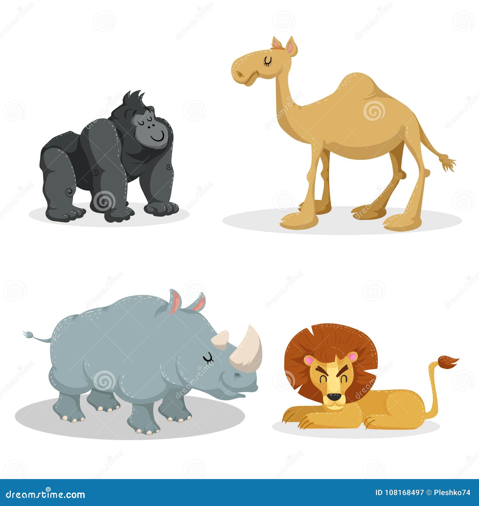 cartoon trendy style african animals set. gorilla monkey, lion, dromedary camel, rhiniceros. closed eyes and cheerful mascots.