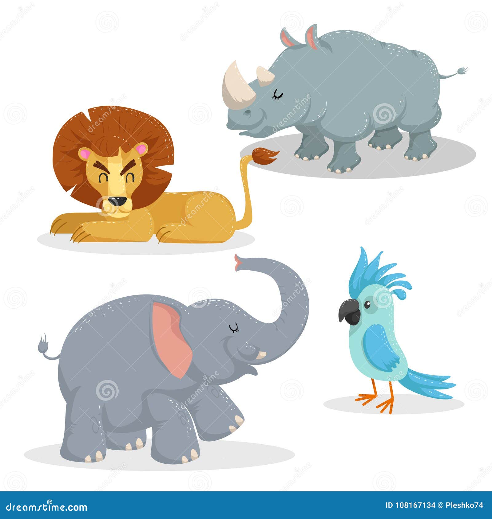 cartoon trendy style african animals set. lion, rhino, african elephant and parrot. closed eyes and cheerful mascots.