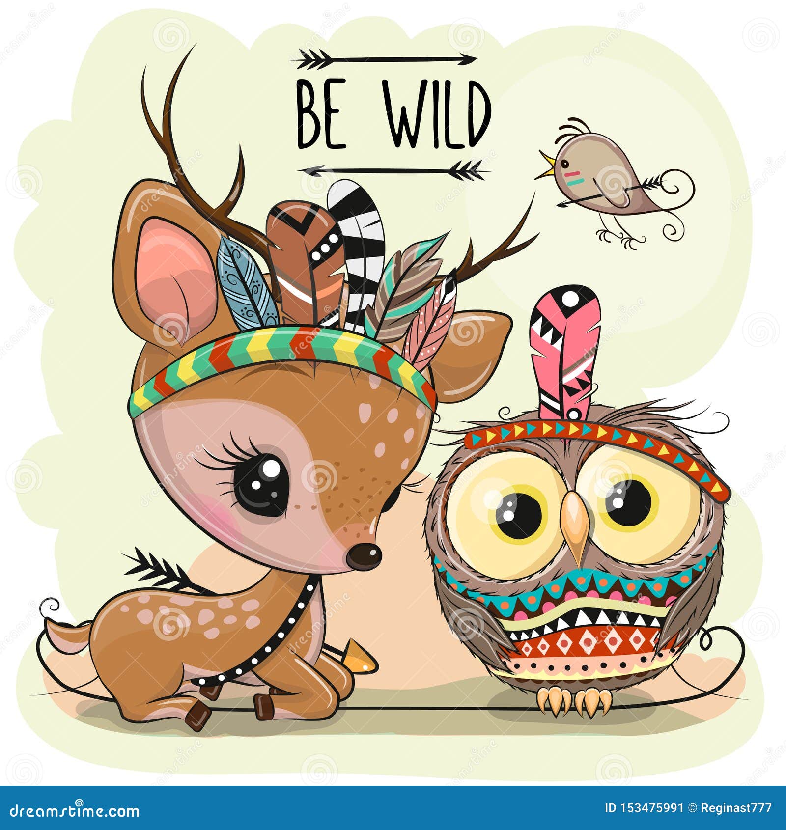 cartoon tribal deer and owl with feathers