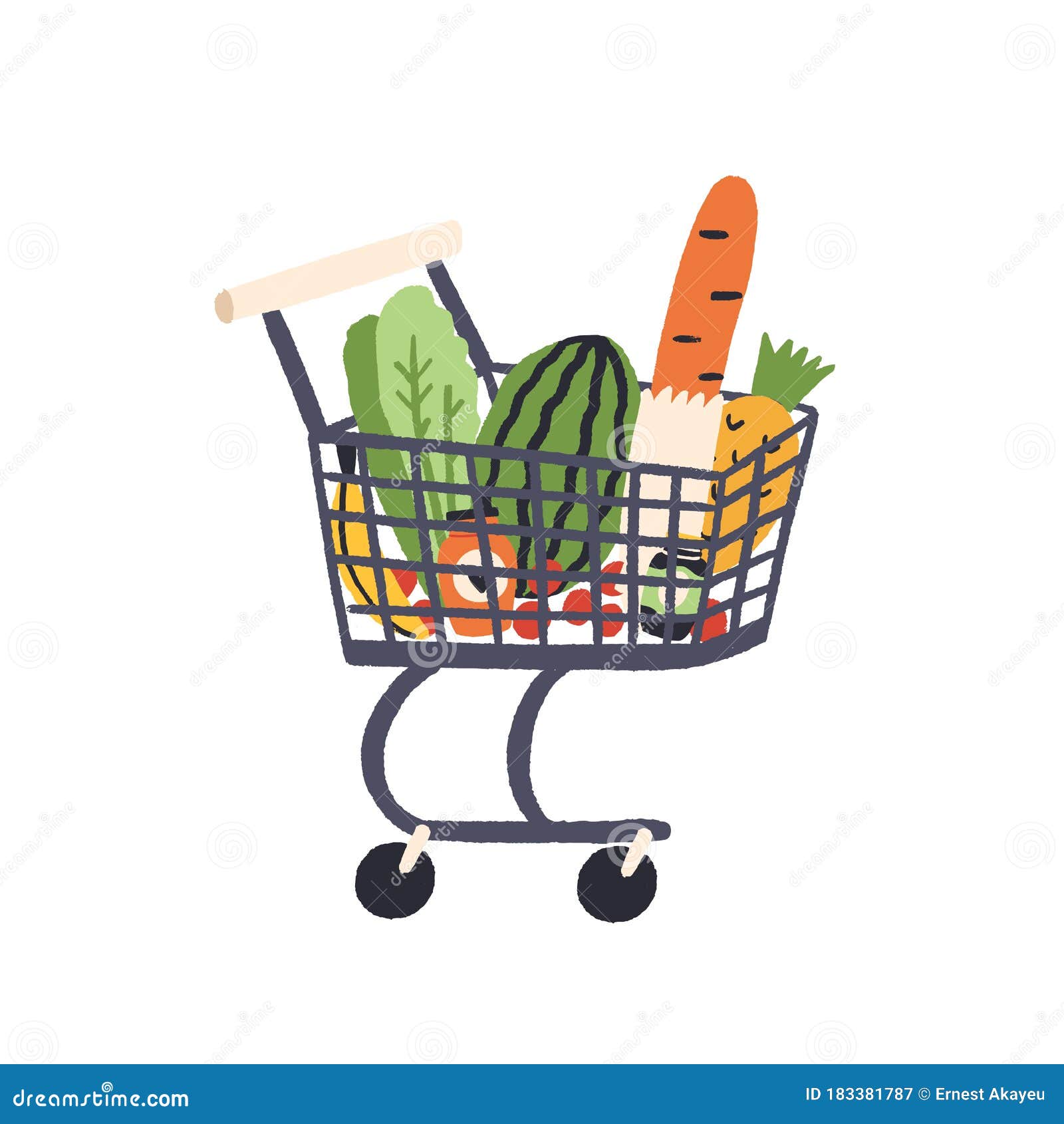Cartoon Trolley with Healthy Food Vector Flat Illustration. Colorful