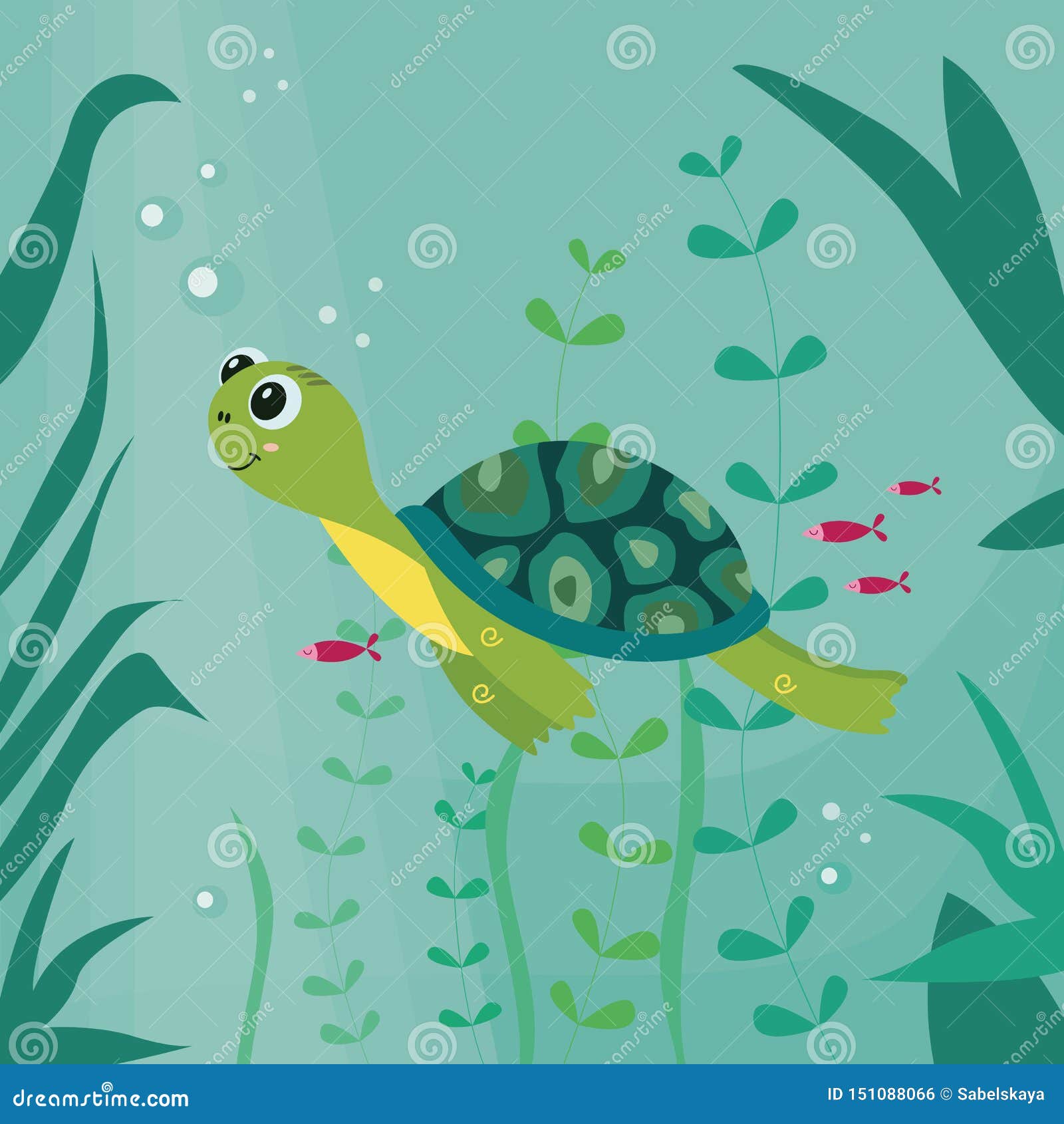 Cartoon Turtle Swimming the Vector Illustration on the Underwater  Background. Stock Vector - Illustration of graphic, smile: 151088066