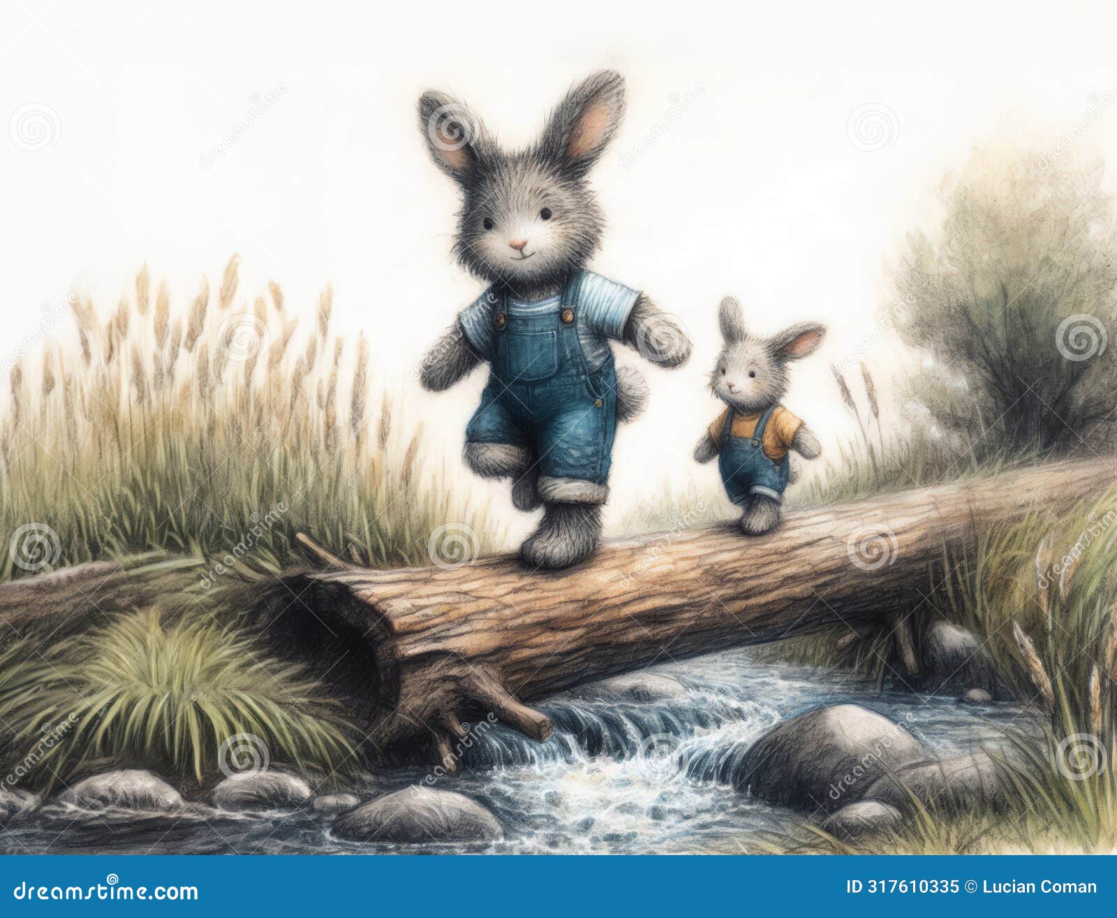 cartoon two happy bunnies father and son are balancing on a fallen log over a stream,