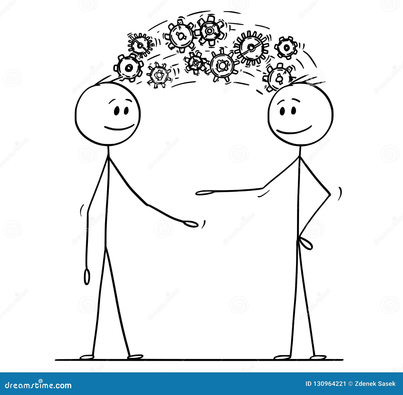 cartoon of two men or businessmen sharing knowledge displayed as cog wheels coming from head