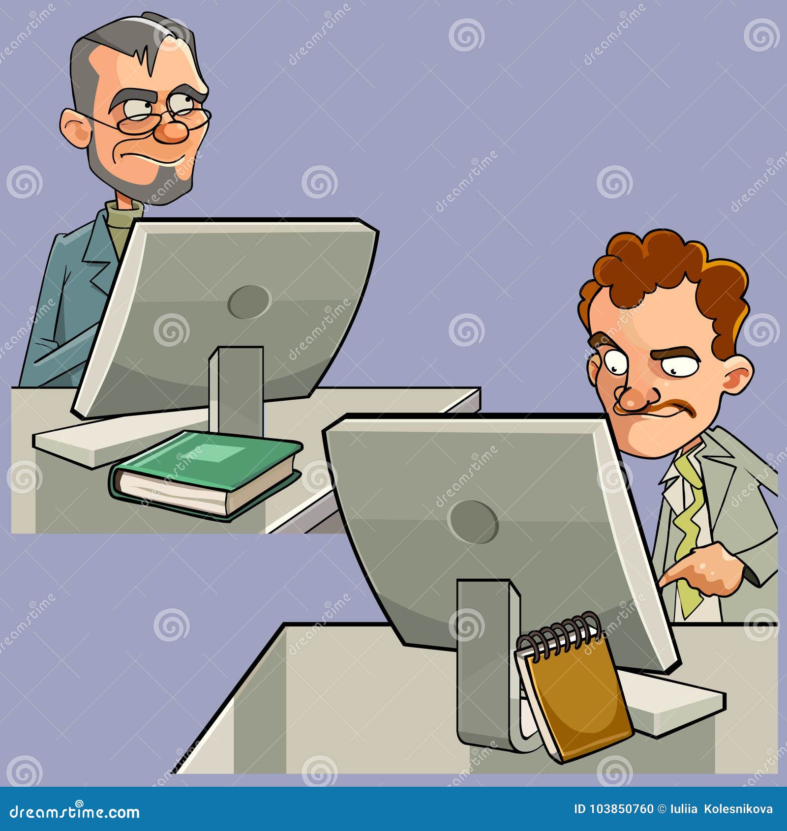 Cartoon of Two Men Sitting at Computer Work Tables Stock Vector -  Illustration of tables, working: 103850760