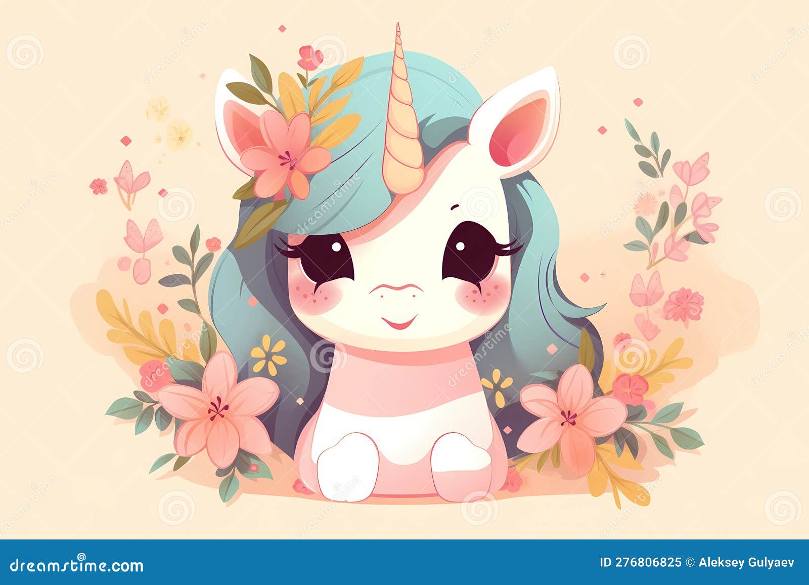 a cartoon unicorn with a pink mane and flowers on the bottom. ai generation