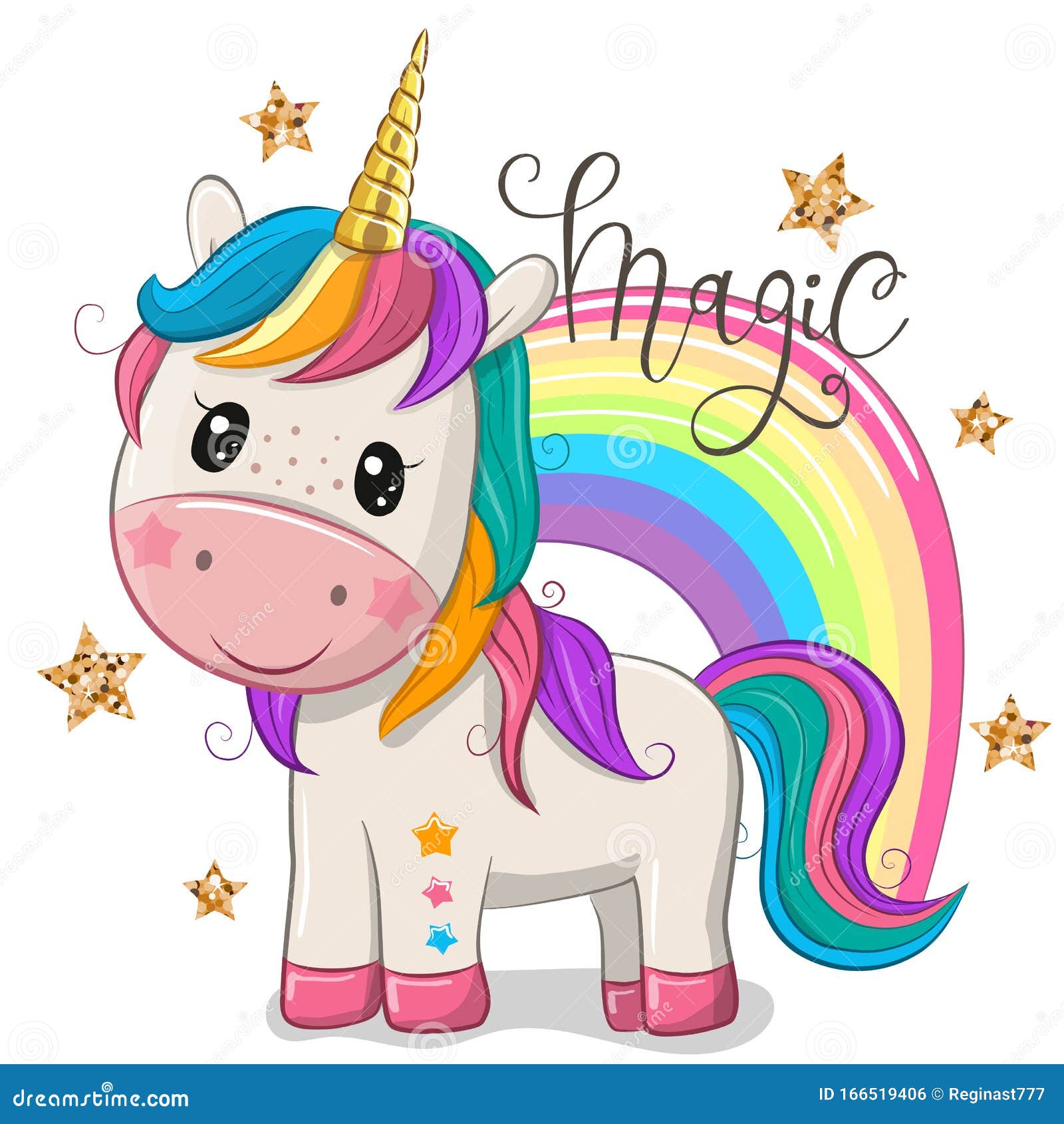 Cartoon Unicorn With A Rainbow Isolated On A White Background Stock