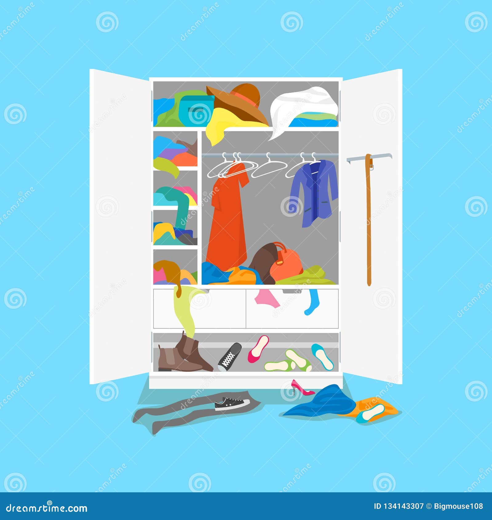 Cartoon Untidy Wardrobe Card Poster on a Blue Background. Vector Stock ...