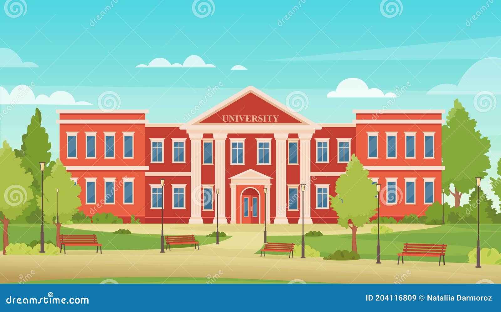 Cartoon Urban Cityscape With College Campus Facade Or Academy For