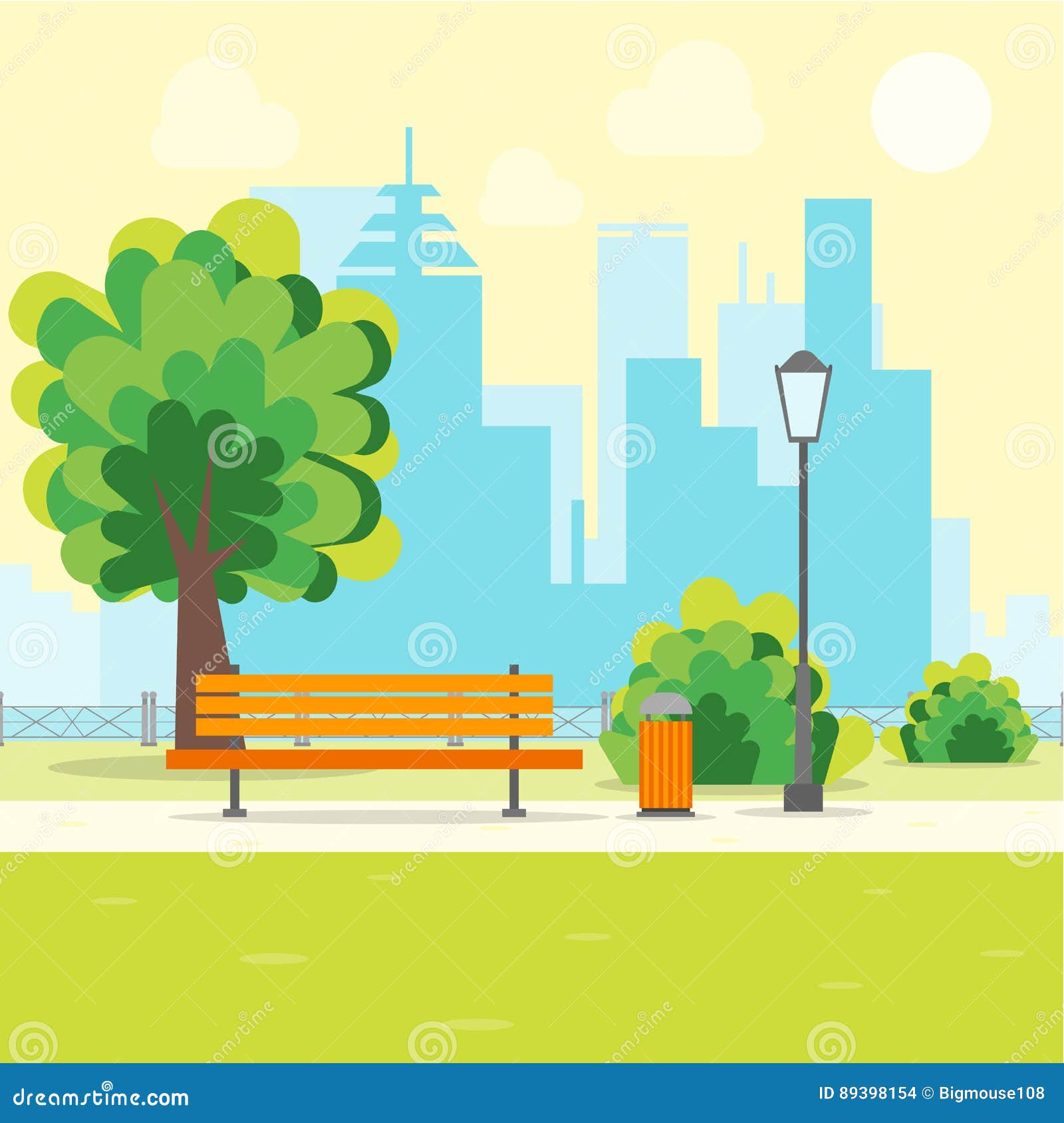 Cartoon Urban Park with Bench. Vector Stock Vector - Illustration of lawn,  green: 89398154