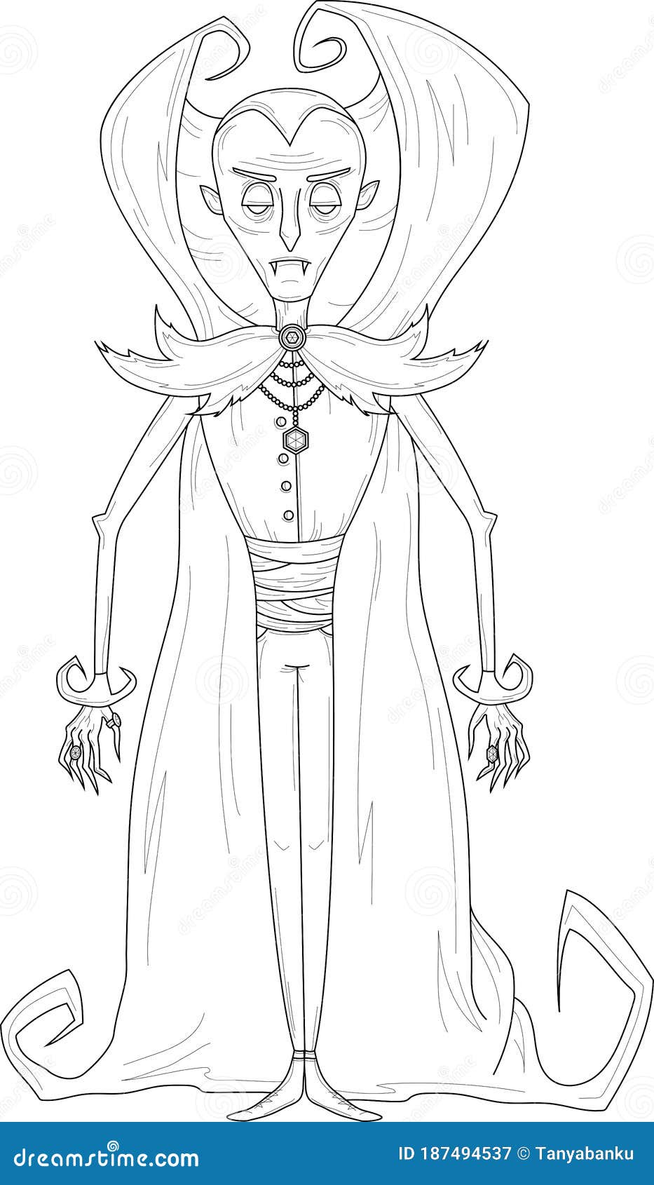 cartoon vampire character with cape.   in black and wite.