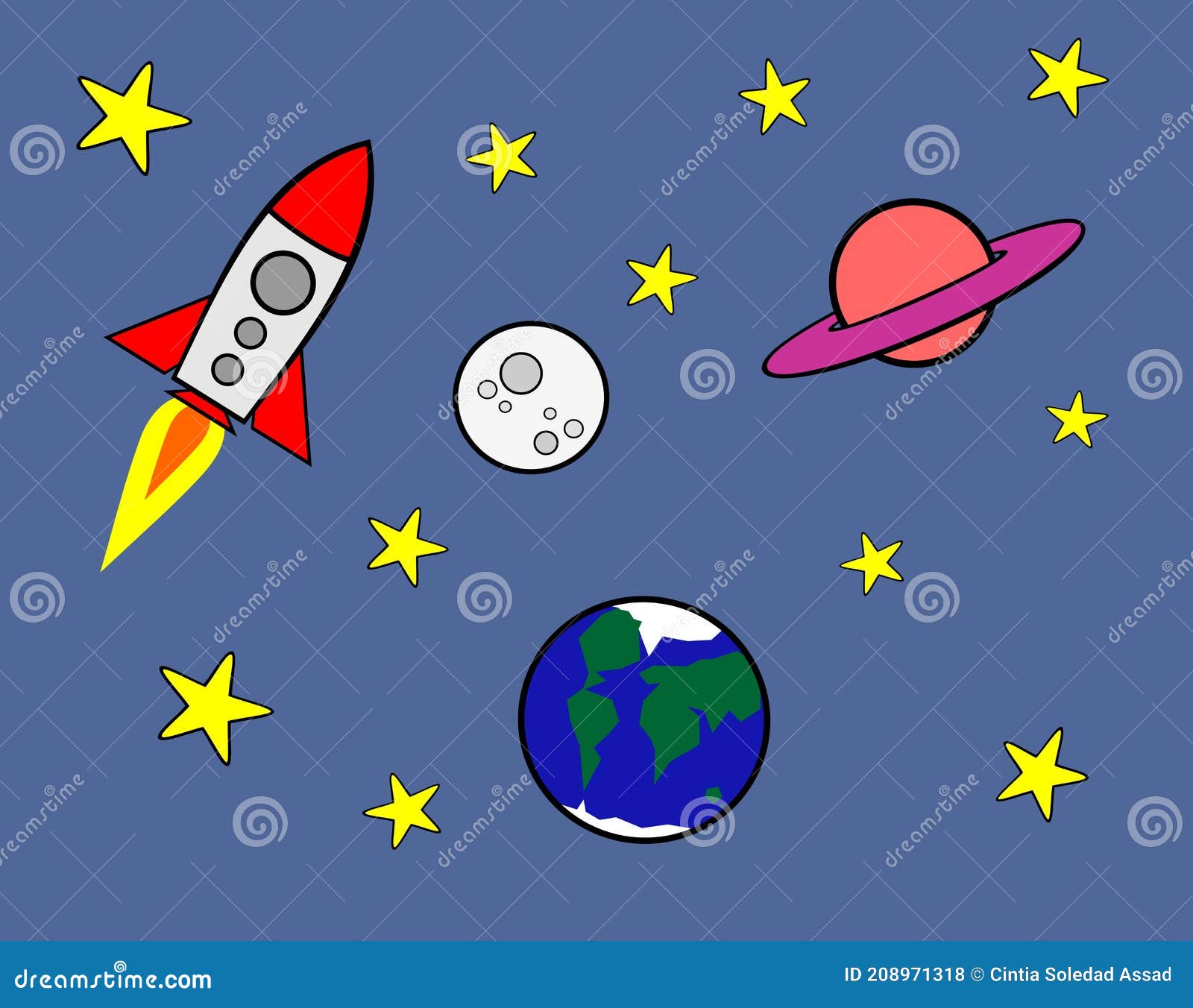 Cartoon Van Een Raket in De Ruimte Met Sterren De Maan En De Aarde Met Stock Illustratie - Illustration of ontwerp, zwart: