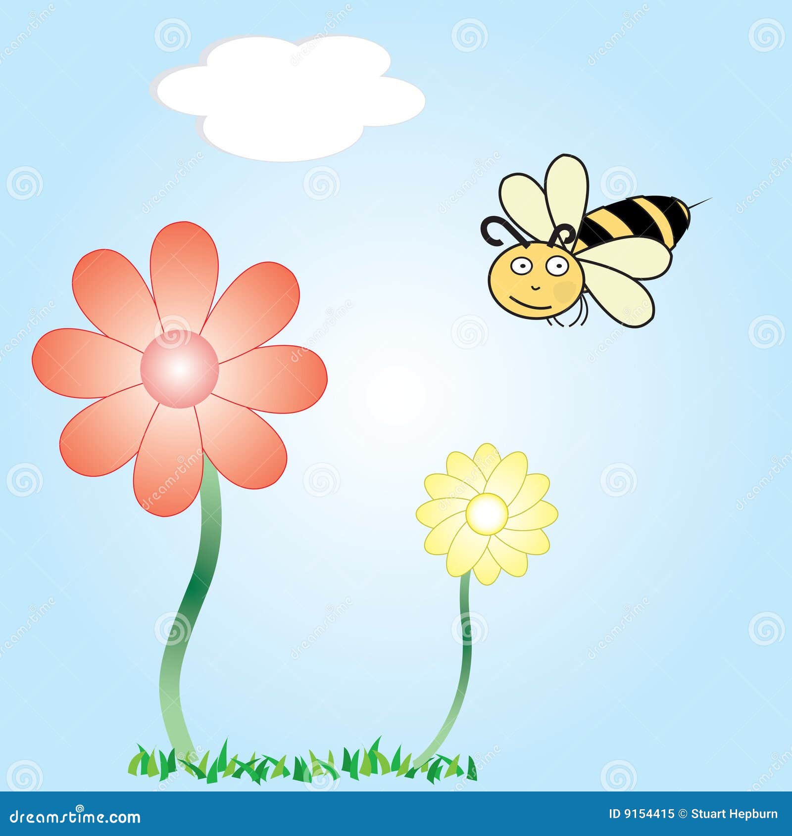 Cartoon Vector of a Bee and Flowers Stock Vector Illustration of