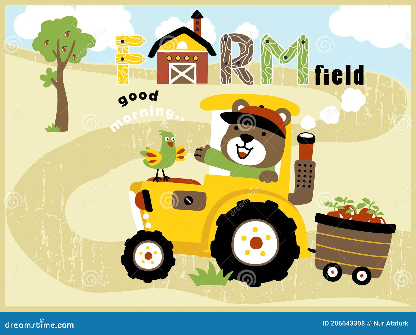 Cartoon Vector of Cute Farmer on Yellow Tractor Stock Vector