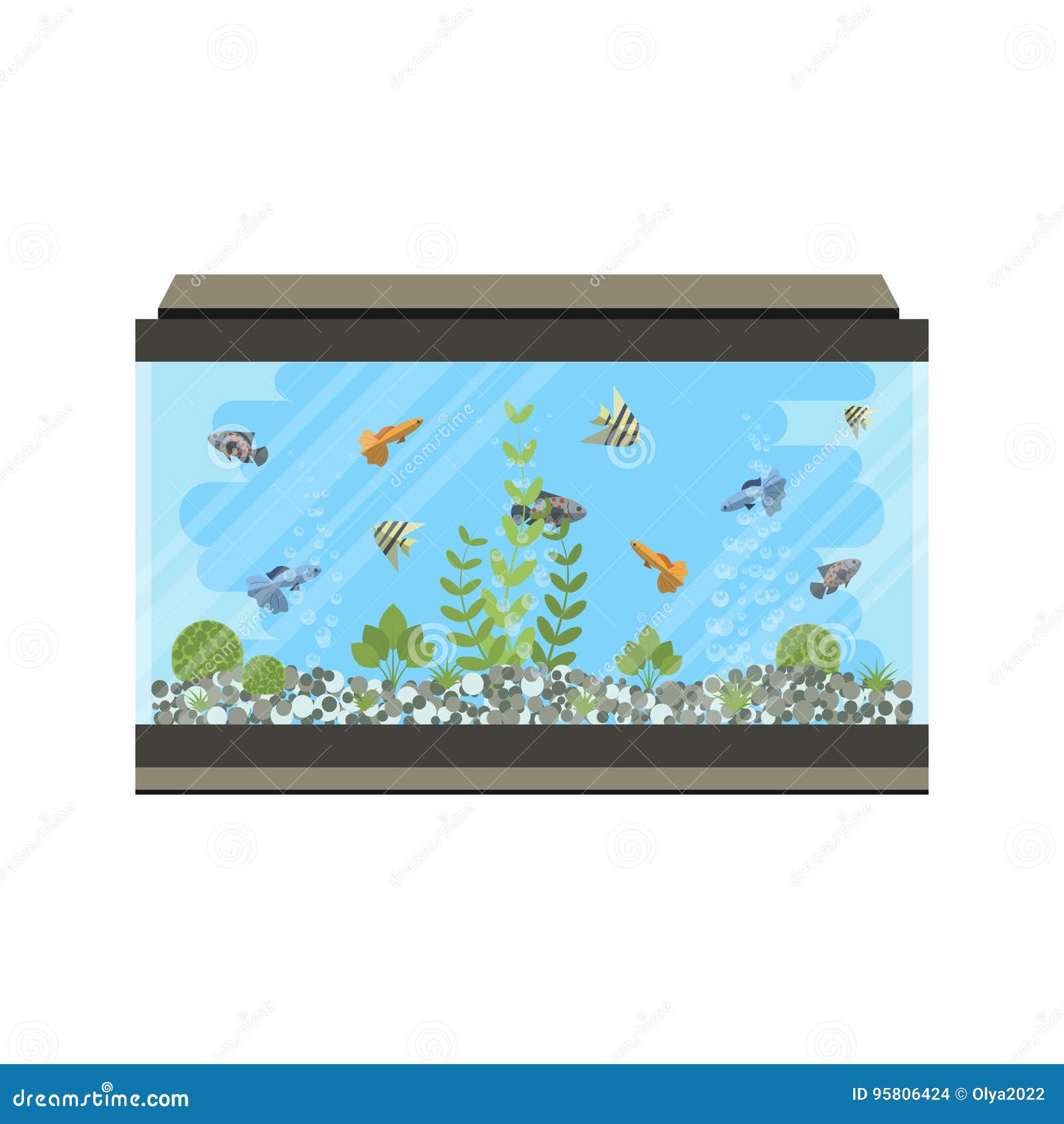 Cartoon Vector Home Aquarium Illustration with Water, Plants and Fish
