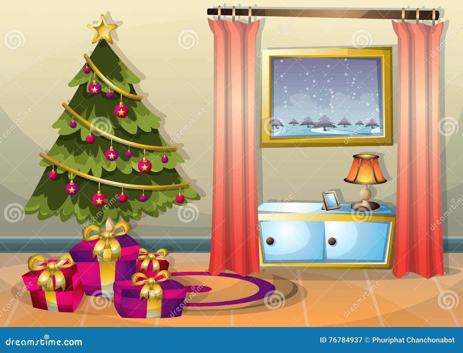 Cartoon Vector Illustration Interior Christmas Room with Separated