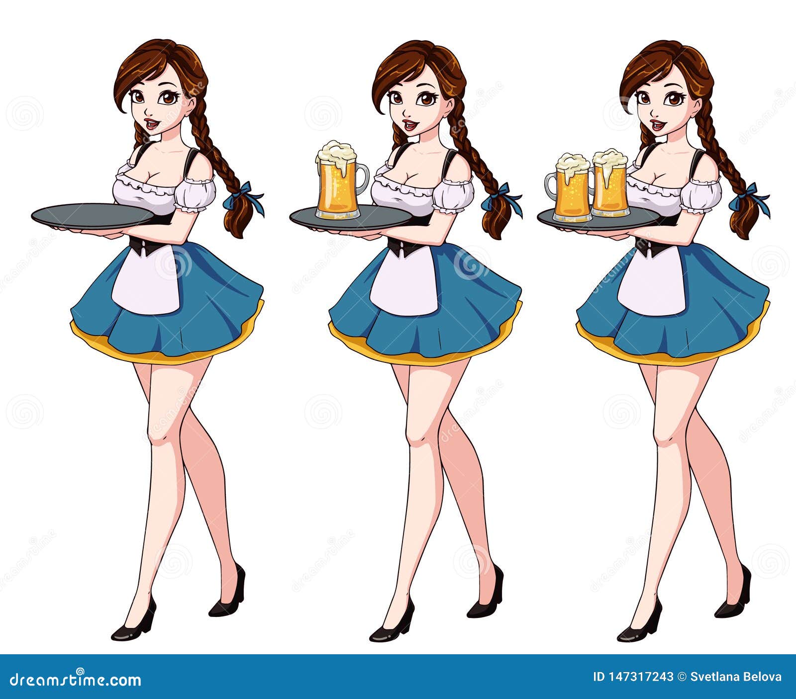 Cartoon Vector Illustration with Waitress with Brown Hair Wearing Blue