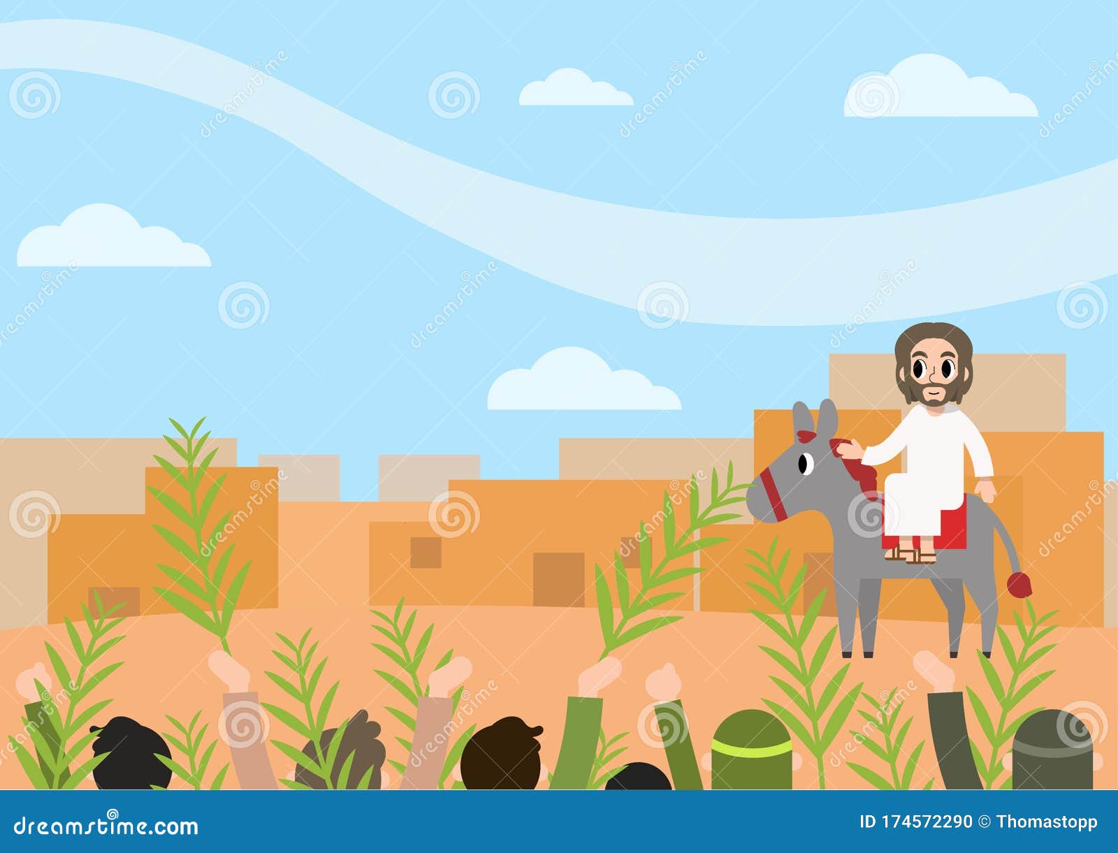 A cartoon vector of Jesus entering Jerusalem on a donkey and people waving their hands and palm leaves along the way. Bible