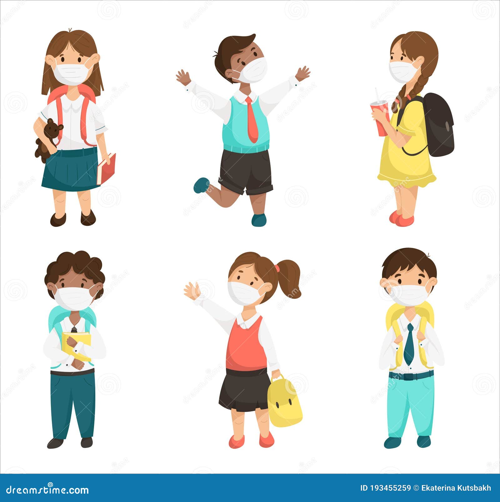 Cartoon Vector Set of Cute Children, School Kids in Medical Masks during a  Pandemic. Smiling Pupils with Books and Stock Vector - Illustration of  happy, girl: 193455259