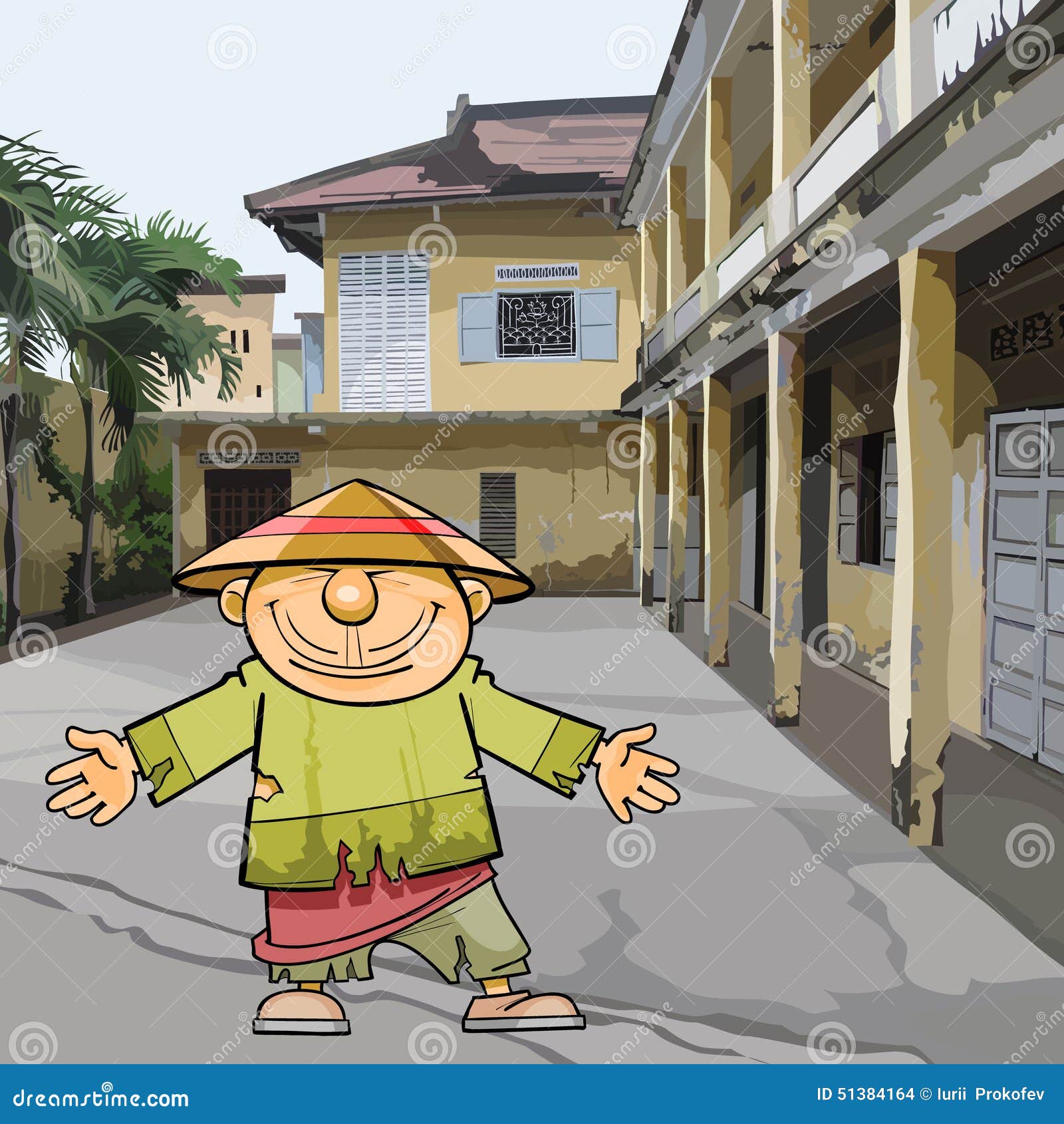 Cartoon Vietnamese Man In Ragged Clothes And A Hat Stock Vector - Image