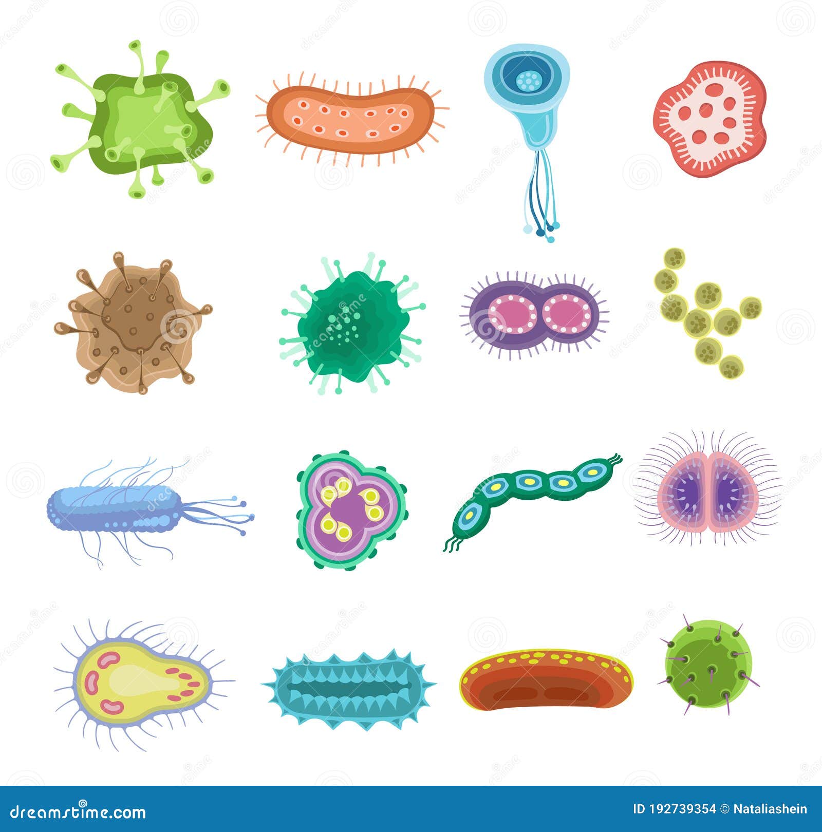 Cartoon Viruses And Bacteria Vector Set Microscopic Cell Bacterium