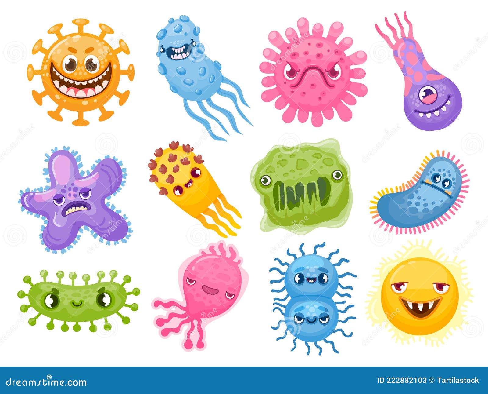 cartoon viruses. germ and bacteria with evil faces. bad pathogen microbe character. coronavirus and flu disease