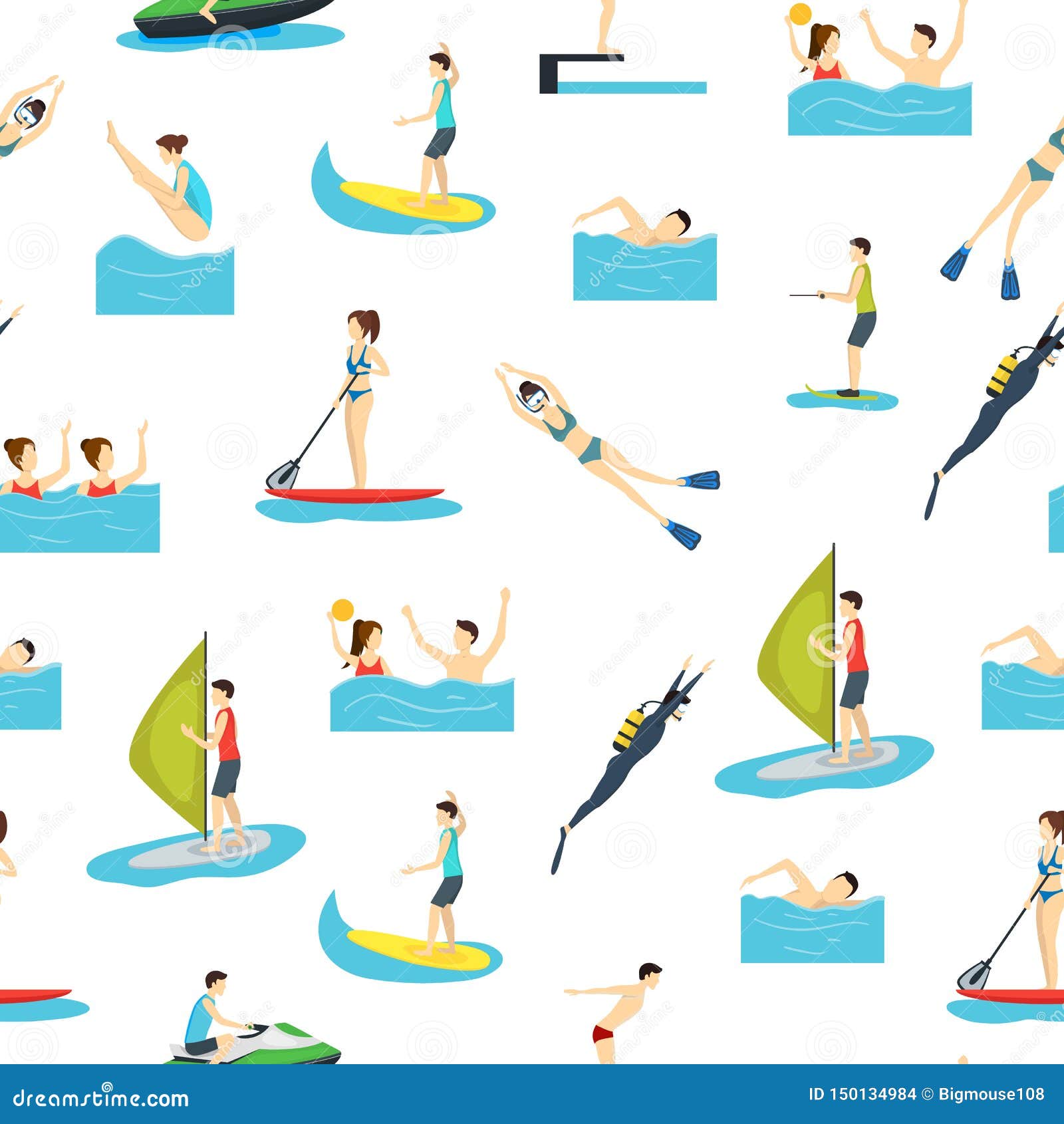 Cartoon Water Sport and Characters People Seamless Pattern Background