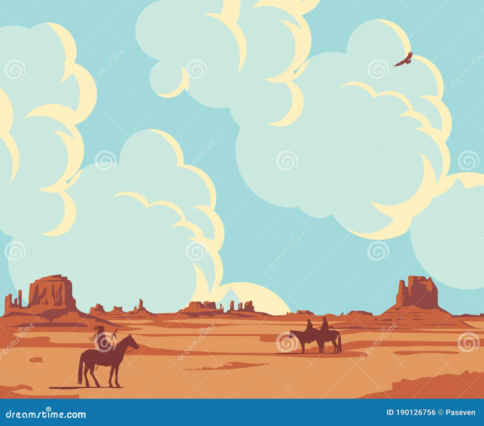 Cartoon Western Landscape with Cowboys and Indian Stock Vector -  Illustration of american, people: 190126756