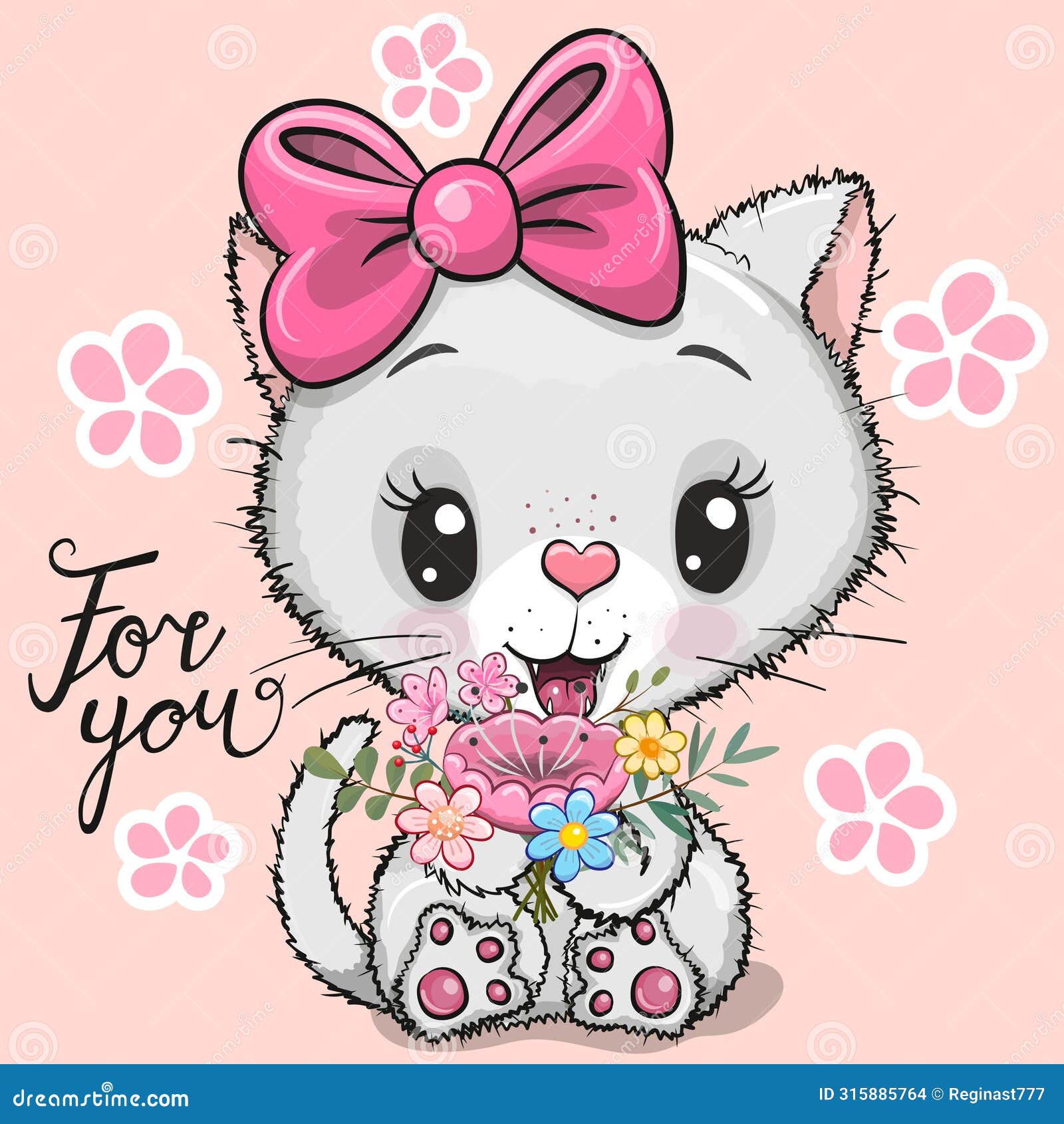 cartoon white kitty with flowers on a pink background
