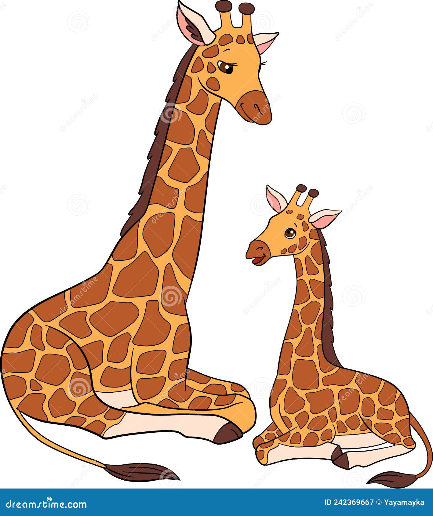 Cartoon Wild Animals. Mother Giraffe with Her Little Cute Baby Giraffe