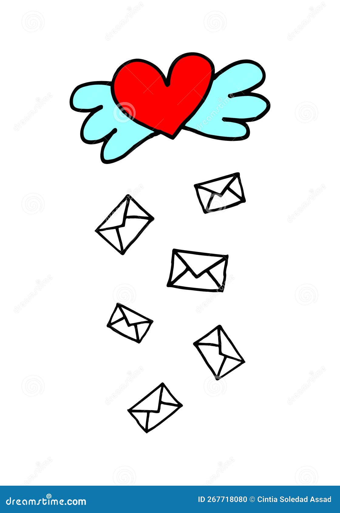 cartoon winged heart with letter envelope rain