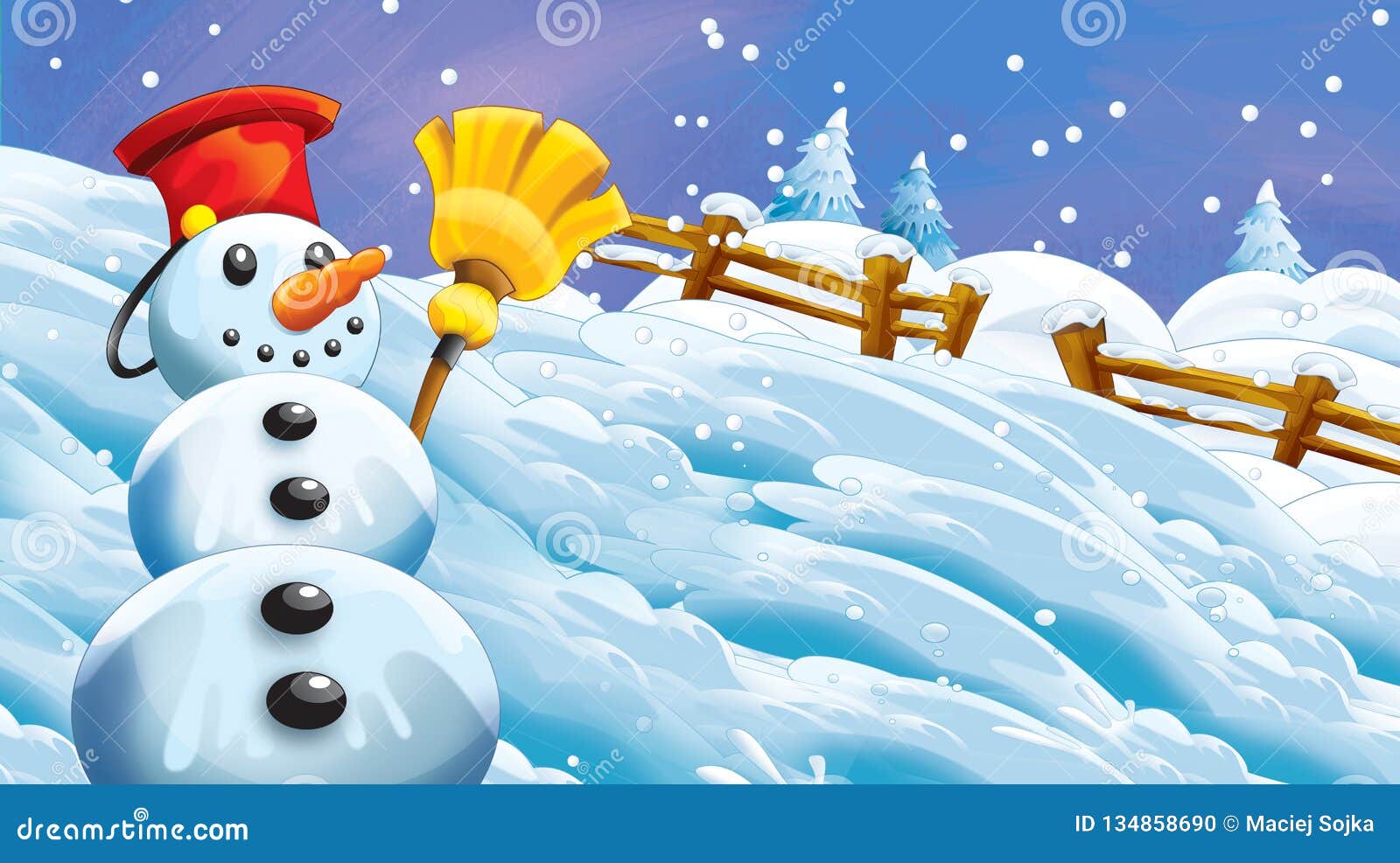 Cartoon Winter Scene with Snowman Stock Illustration - Illustration of  fable, background: 134858690
