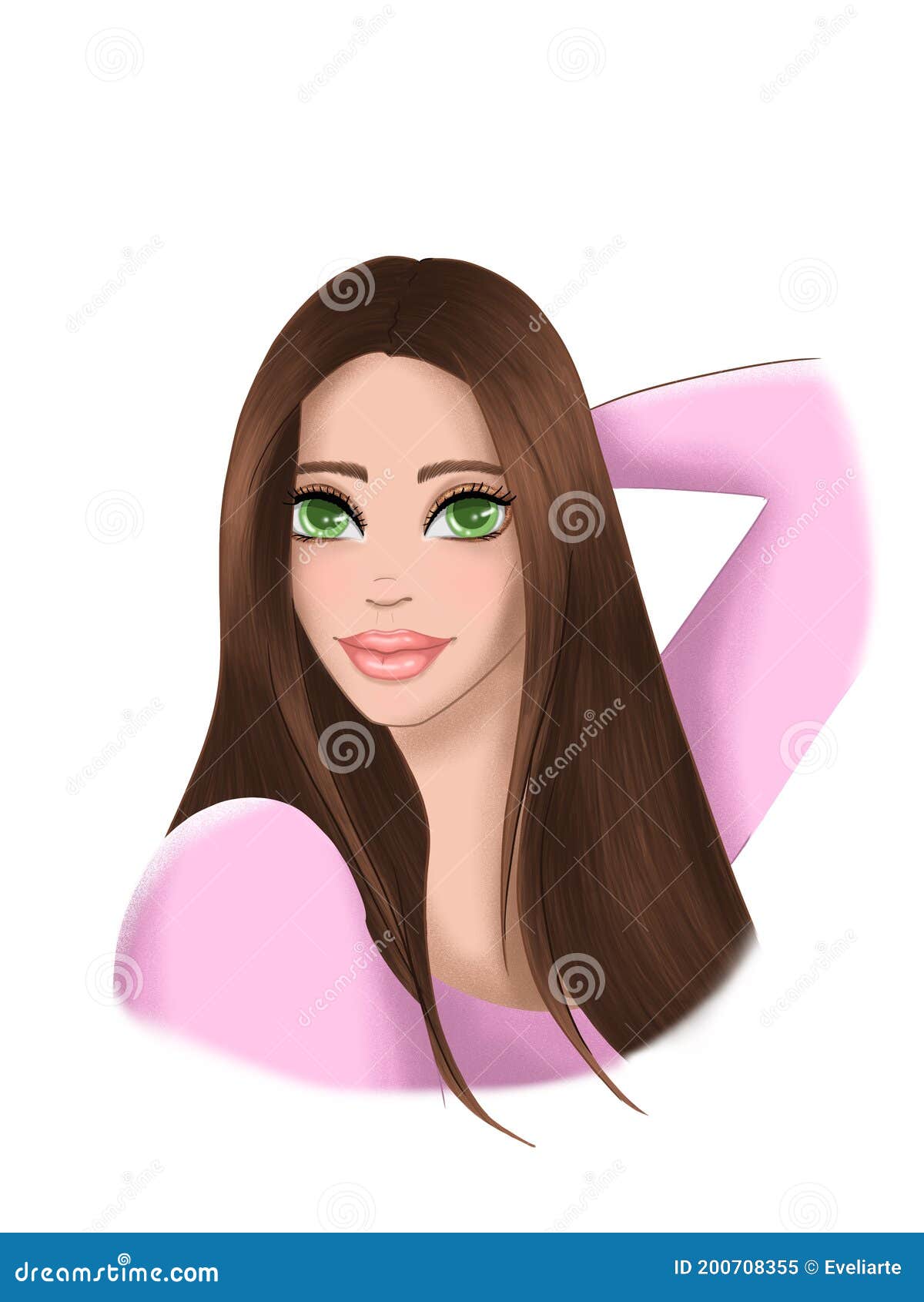 Cartoon Woman Character with Long Brown Hair,big Green Eyes and Pink Lips.  Stock Illustration - Illustration of fashiongirl, beautiful: 200708355